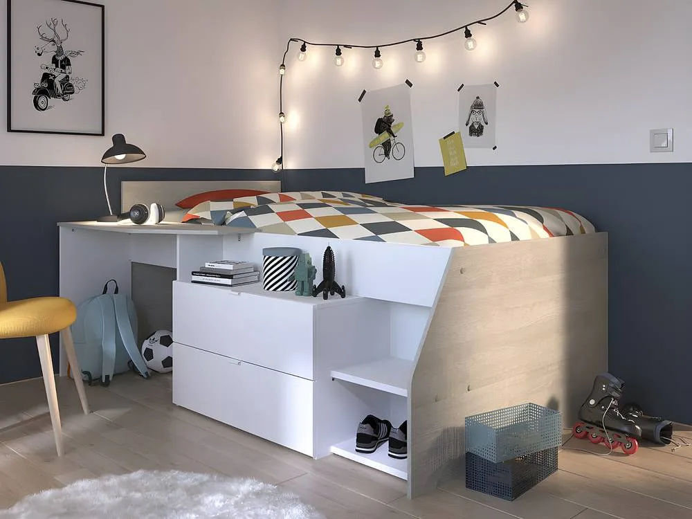 Vente-unique Bed With Desk & Storage - 90 X 200 Cm - White & Natural + Bed Base in Light Oak 4