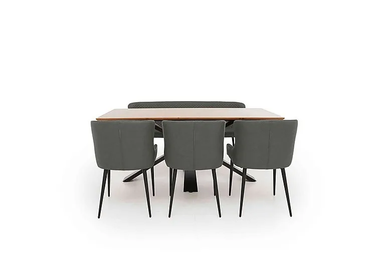 Hanoi Fixed Dining Table with Metal Base and 3 Faux Leather Chairs and a Bench - Slate Grey