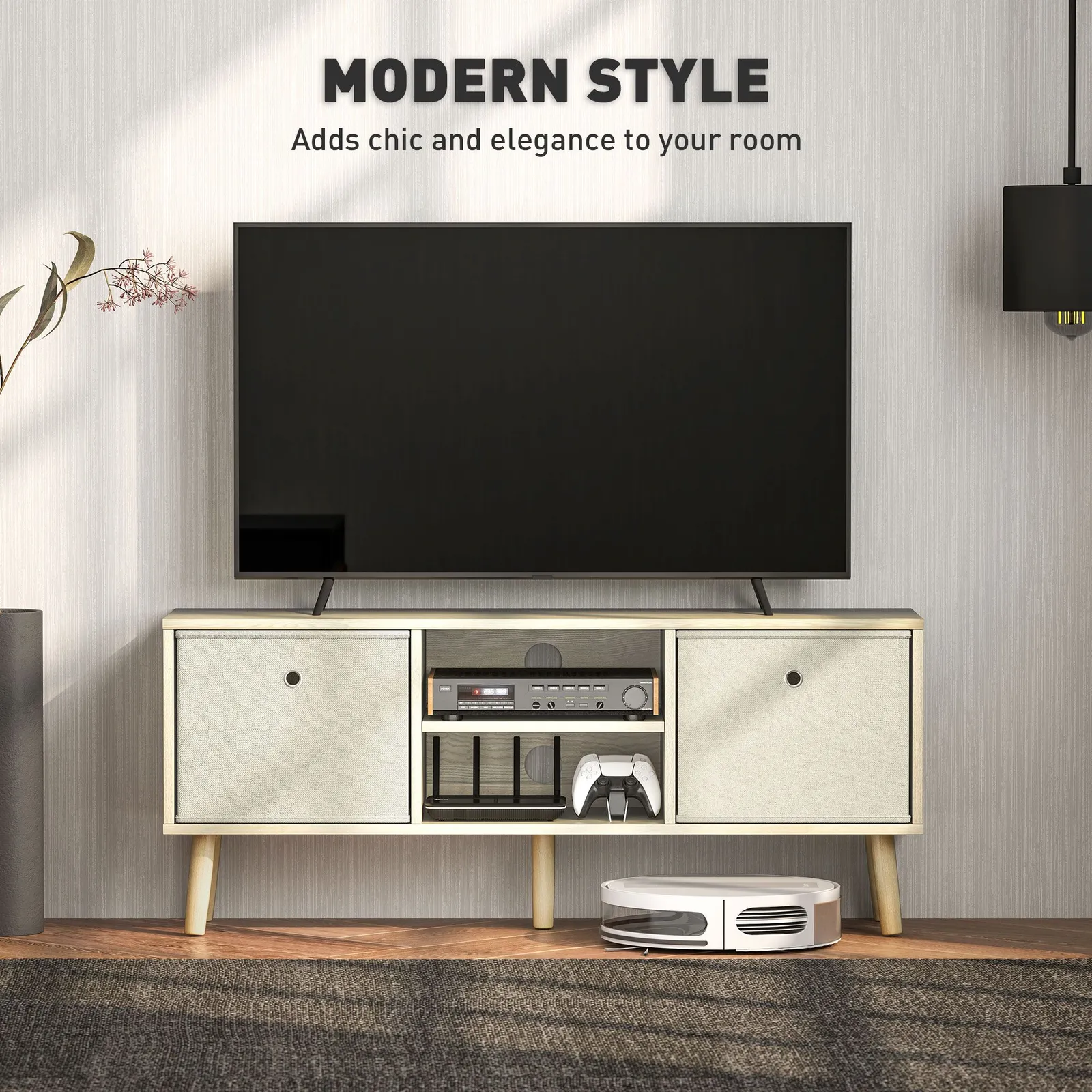 HOMCOM Modern TV Cabinet Stand w/ Shelves & Drawers, Bedroom Natural 4