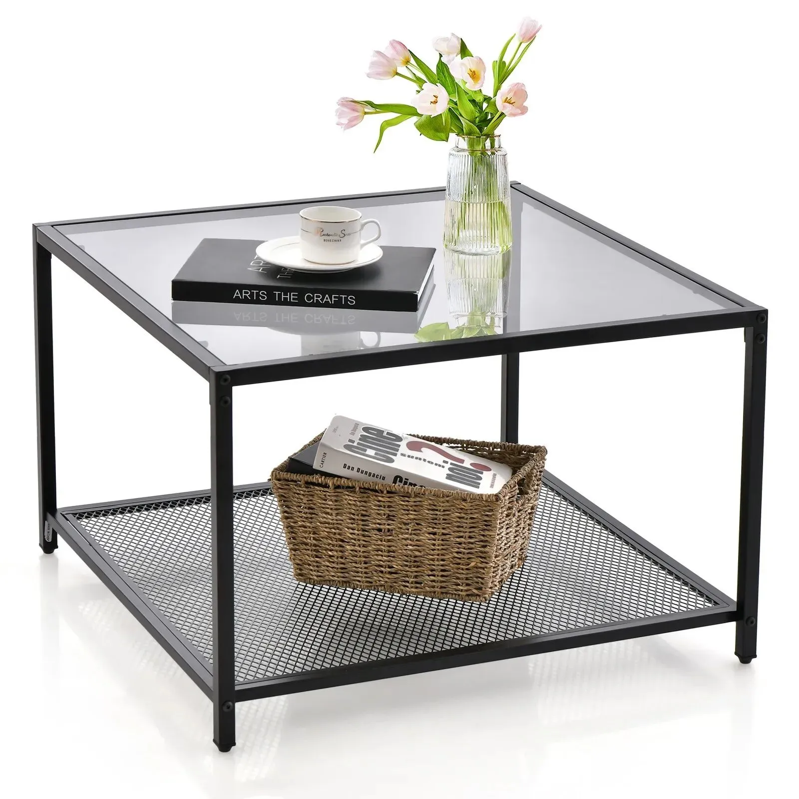 Costway Modern Glass Top Coffee Table Home Square Center Table Accent Sofa Side Table in Grey 2