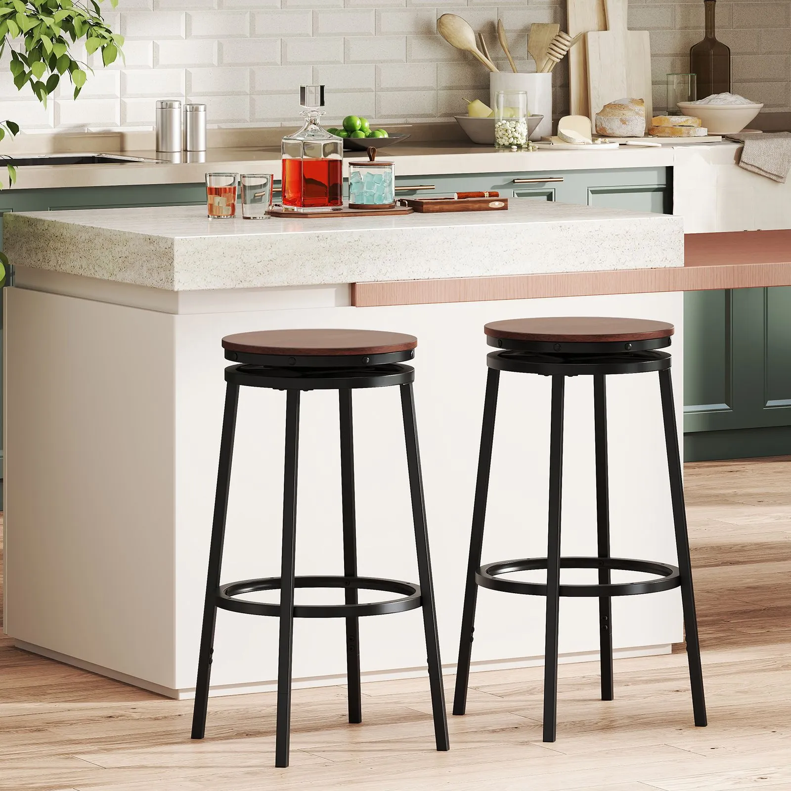 Costway 360° Swivel Bar Stools Set of 2 74/61cm Height Adjustable Stools in Brown 2