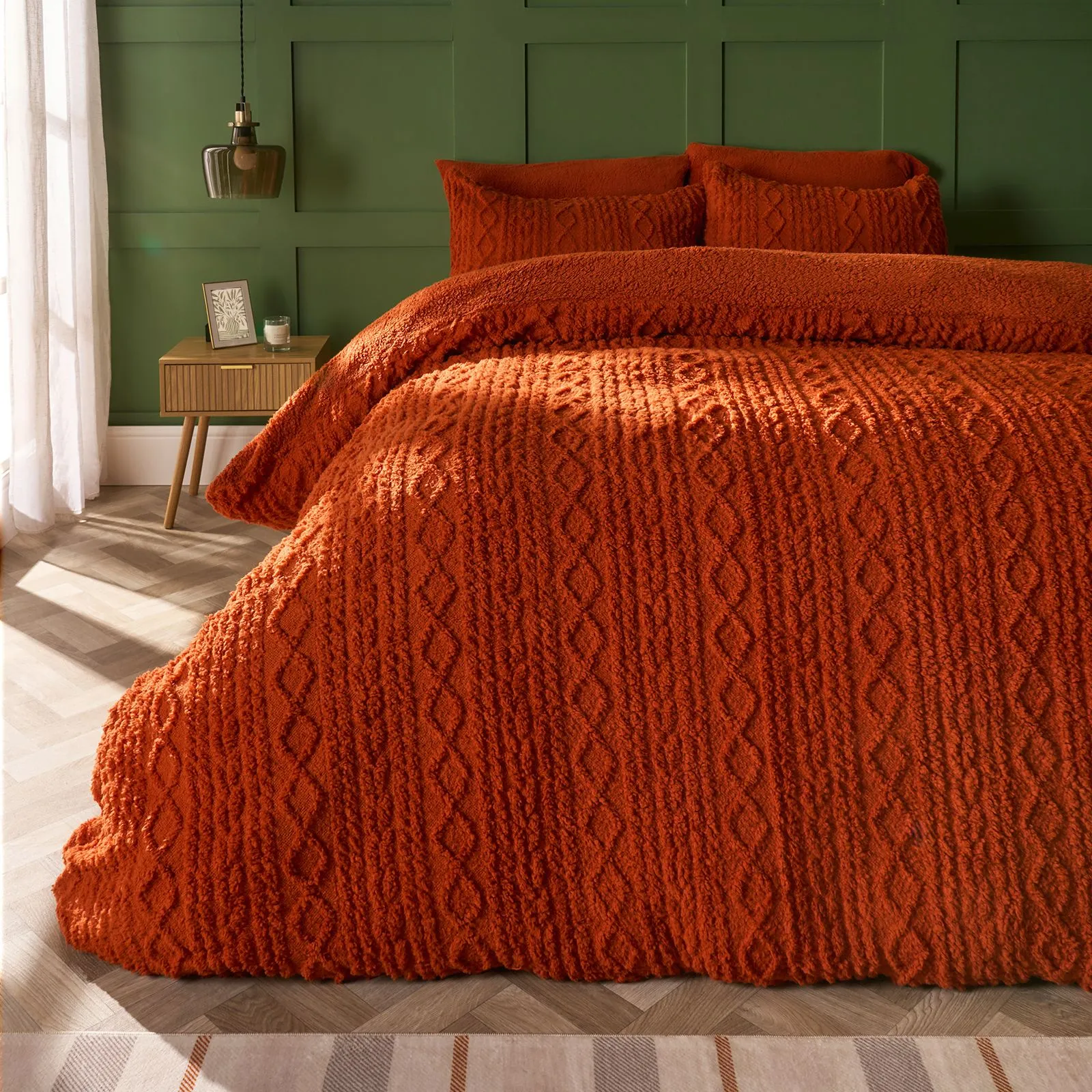 OHS Cable Knit Fleece Duvet Cover Set Warm Reversible Bedding in Burnt Orange