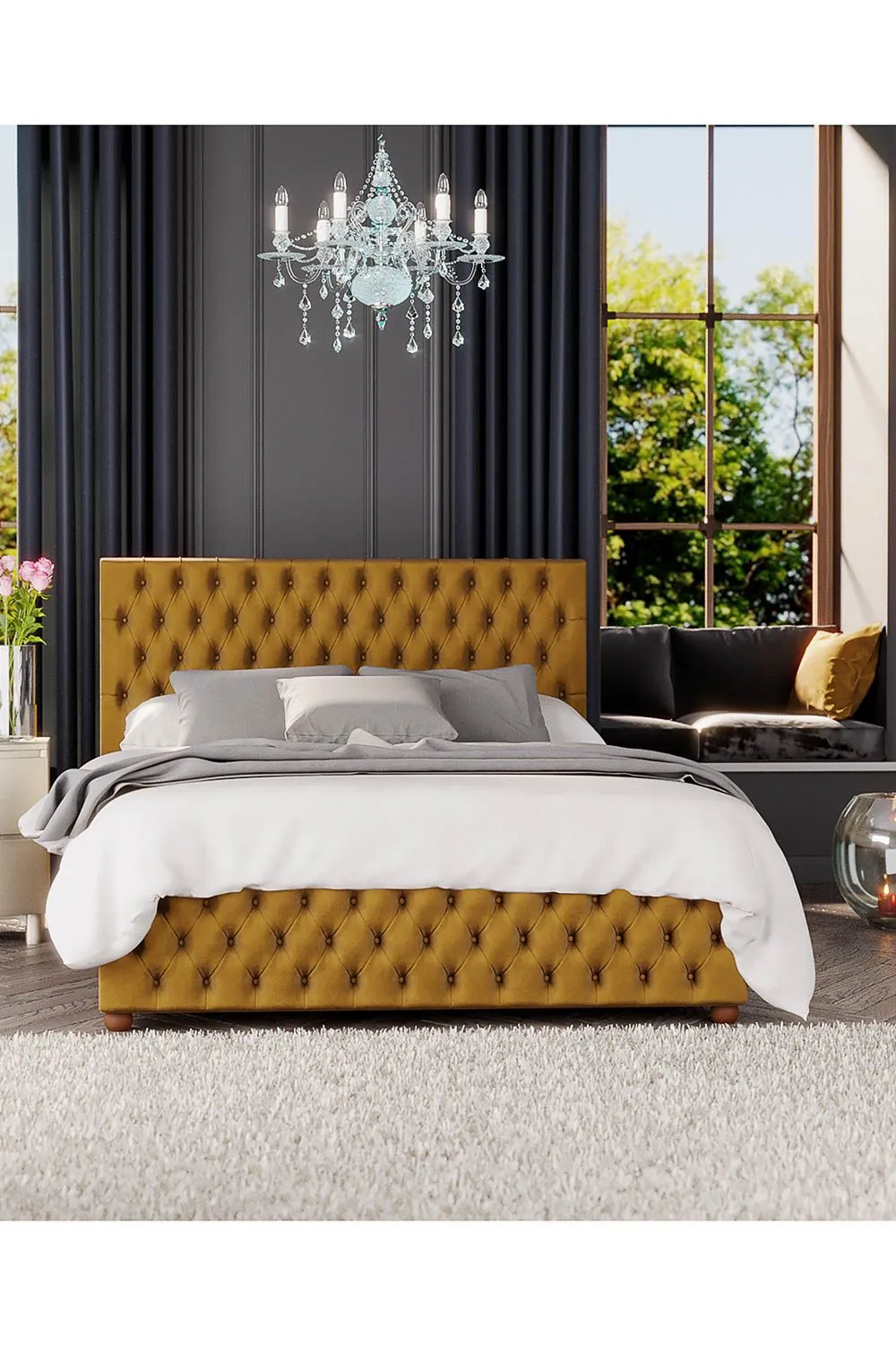 Laurence Llewelyn-Bowen Seren Ottoman Storage Bed in Plush Velvet Fabric, Custom Made in Mustard 5