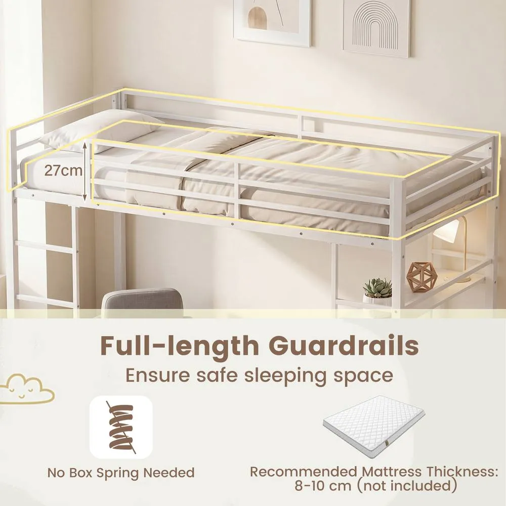 Costway Single Size Metal Loft Bed Metal Bed Frame w/Guardrails & Shelves in White 6