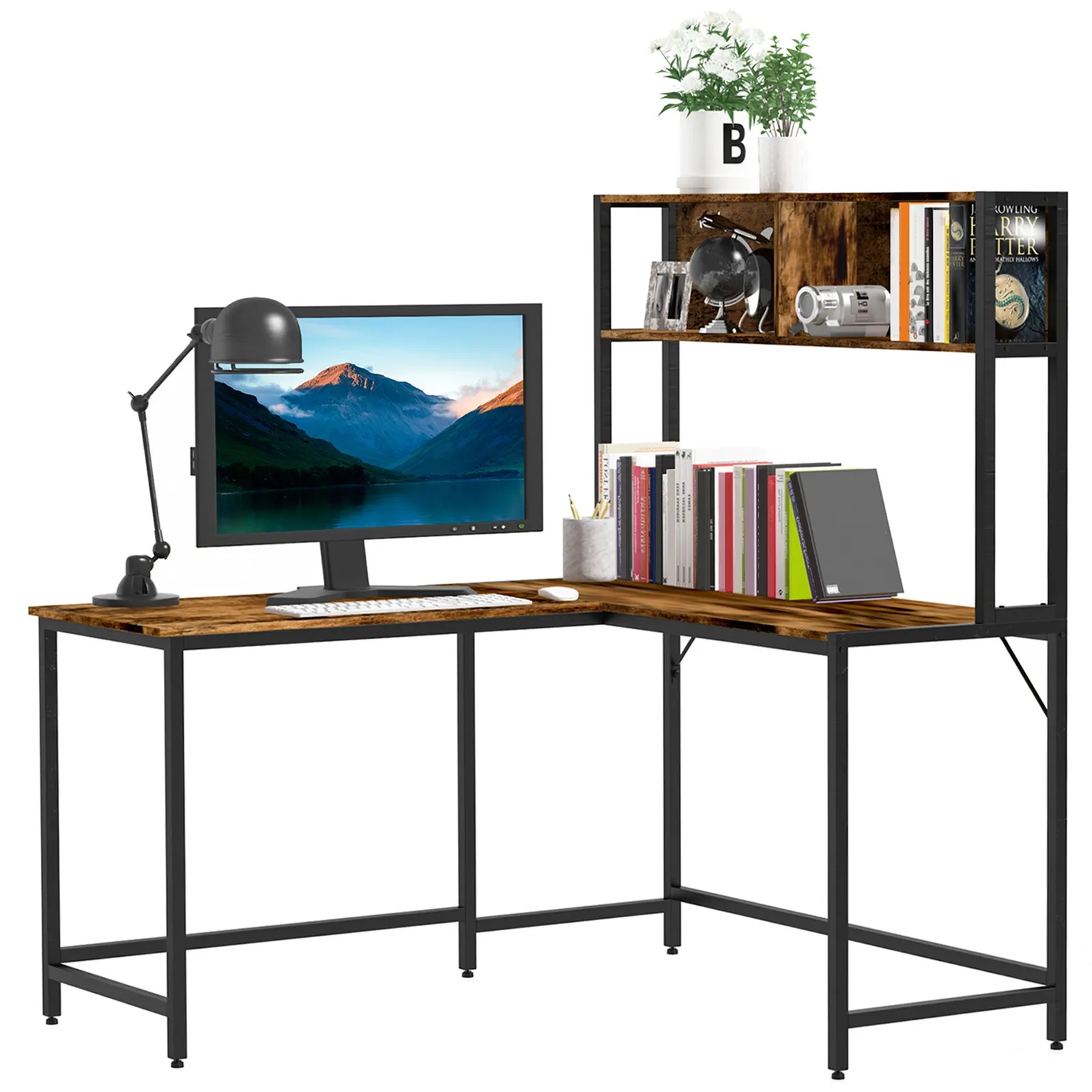 HOMCOM Industrial L-Shaped Work Desk & Storage Shelf Steel Frame in Brown 2