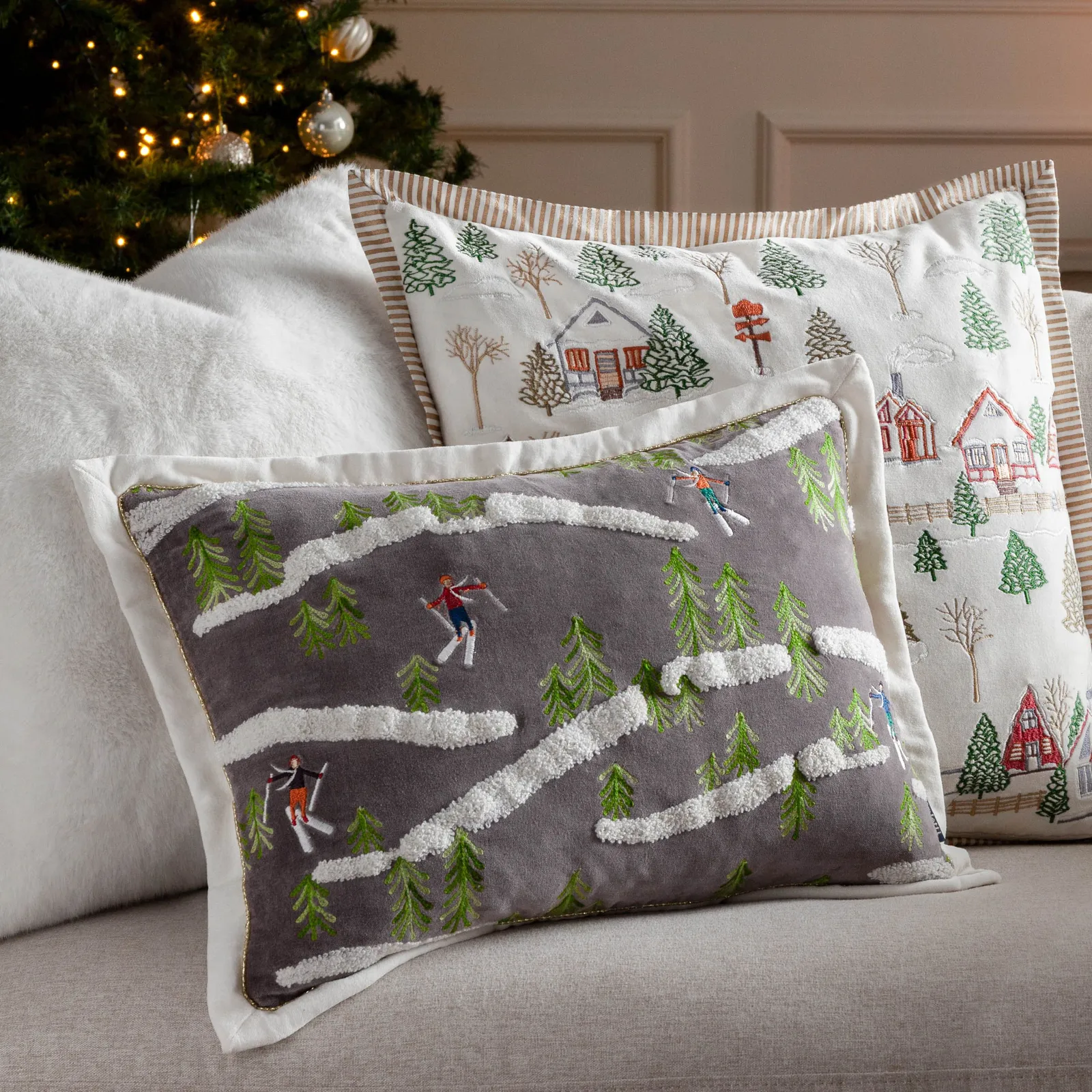 Paoletti Winter Alpine Embroidered 100% Cotton Cushion in Taupe 6