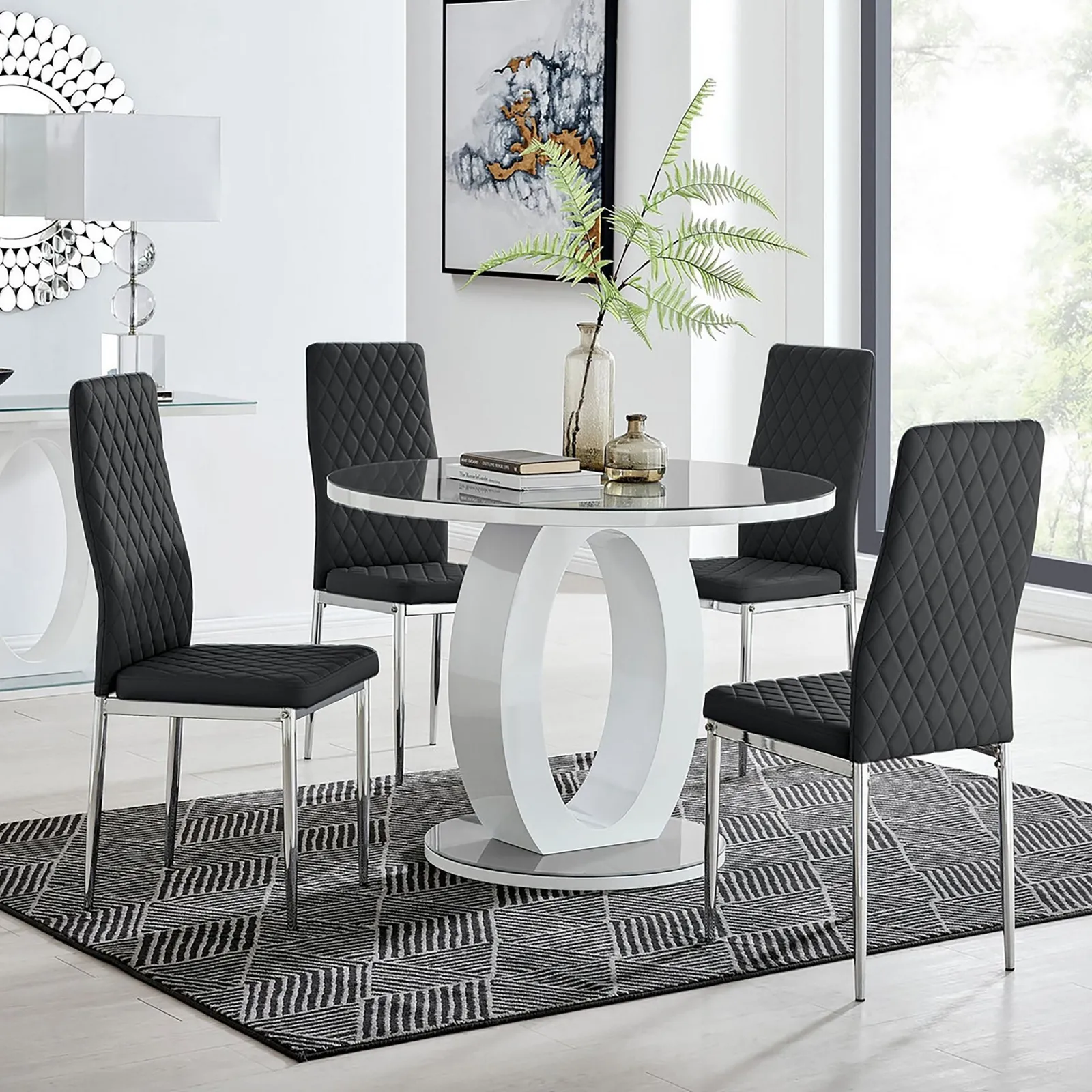FurnitureboxUK Giovani Round 4 Seat 100cm White High Gloss Halo Base Grey Glass Top Dining Table 4 Soft Faux Leather Silver Leg Milan Chairs in Black