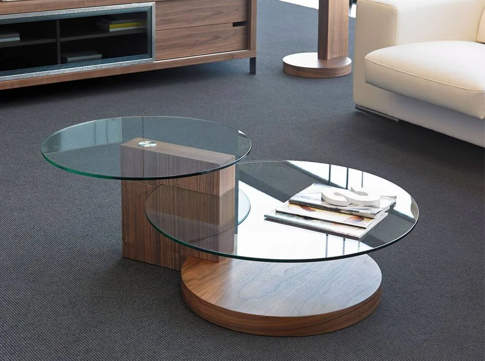 Angel Cerda Round Tempered Glass & Walnut-Veneer Coffee Table in Brown 3