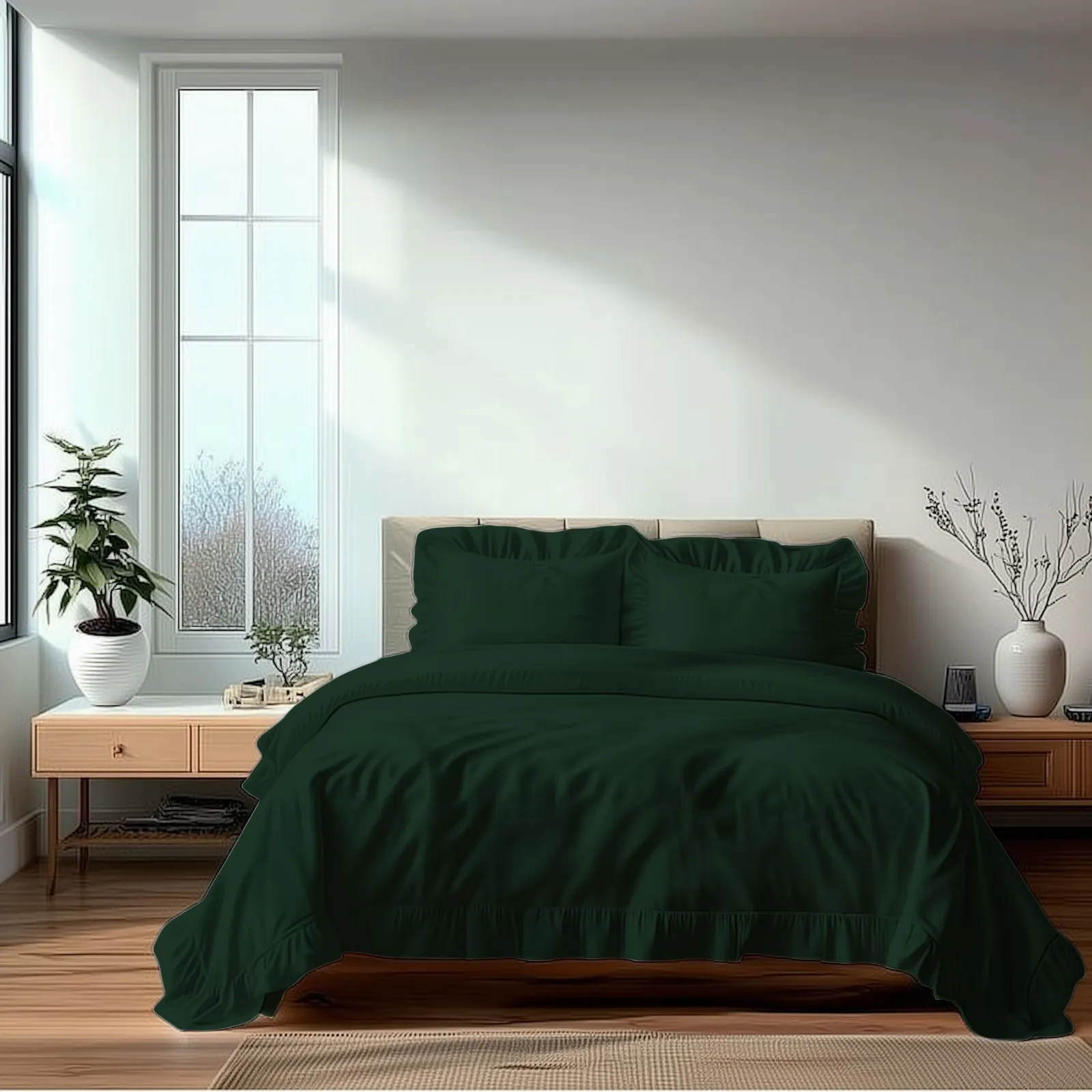 Snug City Duvet Cover & Pillowcase Set Trendy Polycotton Frilled Design Linen in Green