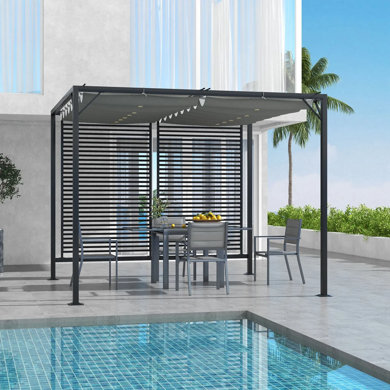 OUTSUNNY Metal Pergola Patio Sun Shelter Grape Tent Retractable Canopy UV Cut in Grey 2