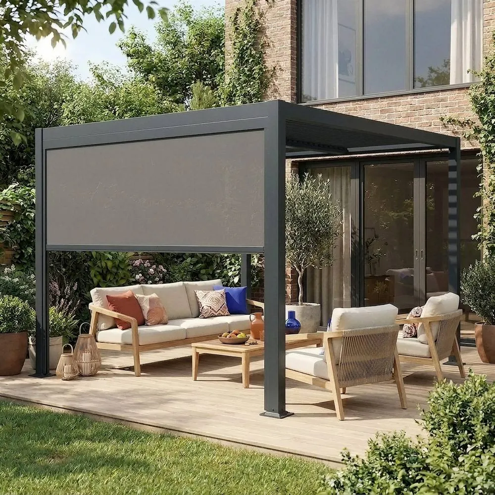 sweeek Louvered pergola 3 x 3 m with a 3m blind in Dark Grey