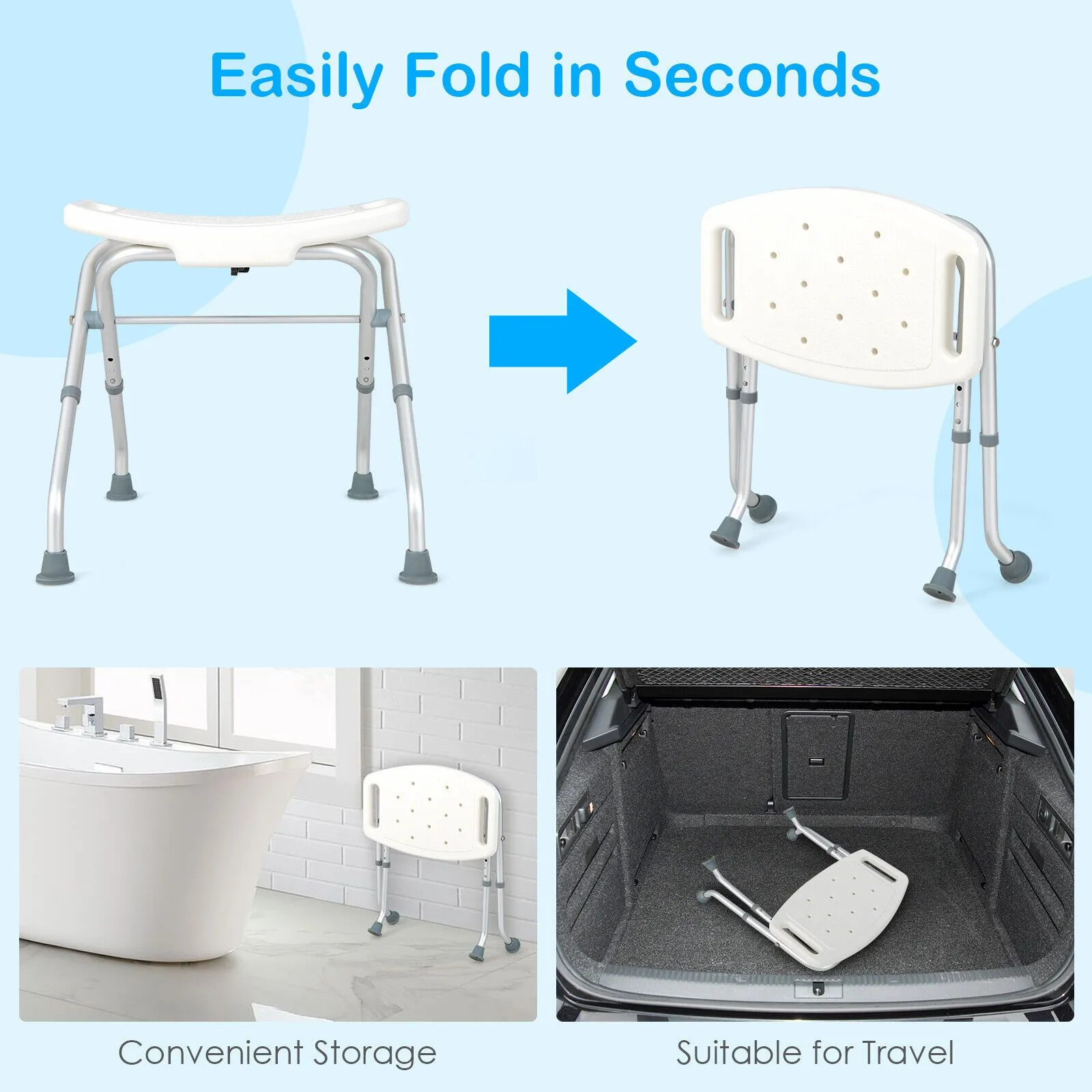 Costway Folding Shower Stool Height Adjustable Shower Seat Bath Chair w/Handle in White 6