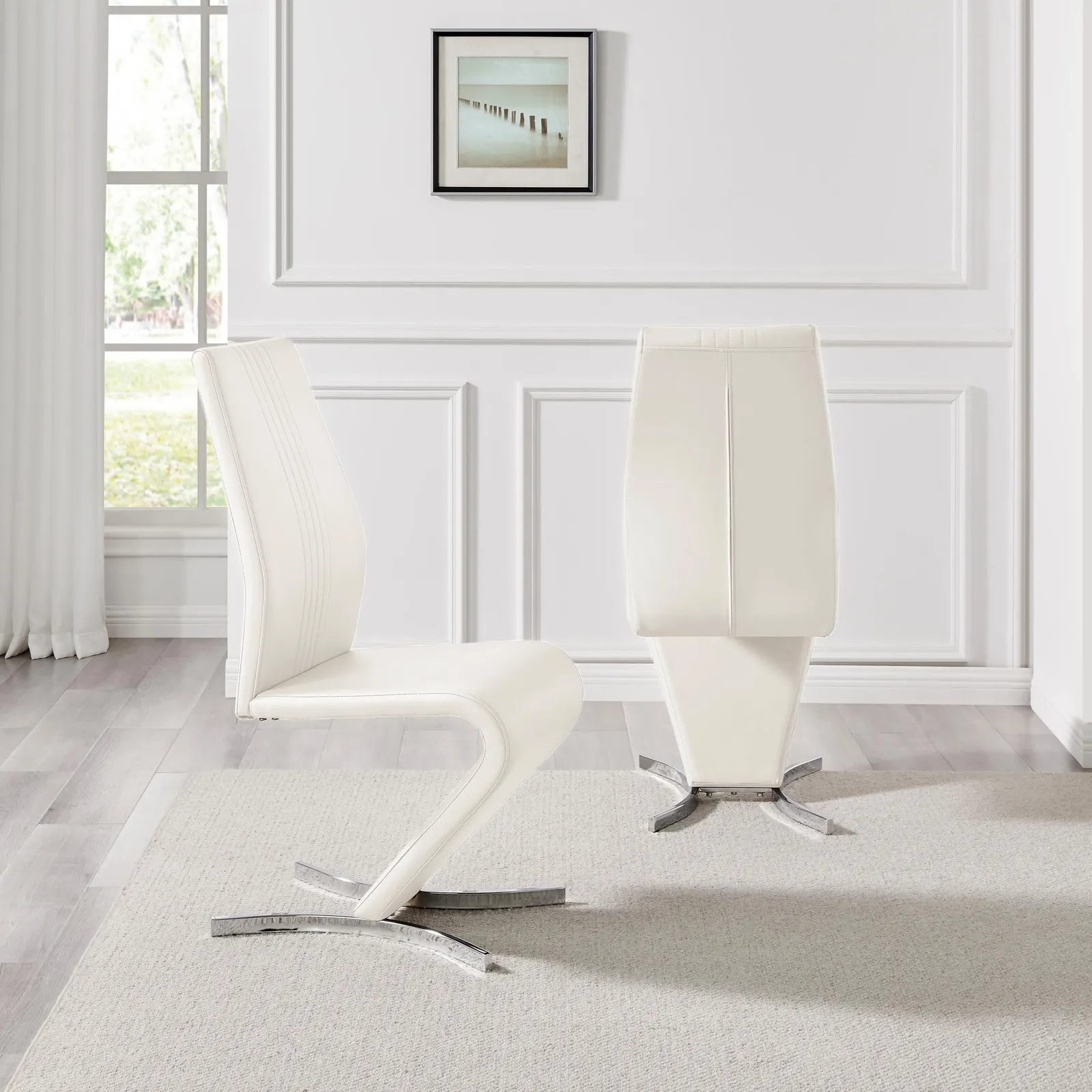 FurnitureboxUK Set of 2 Willow Contemporary Z Shaped Faux Leather Dining Chairs With Silver Chrome Metal Legs in White 3