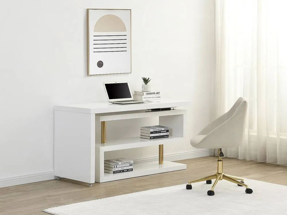 Vente-unique Extendable Desk With 360° Swivel Top - Lacquered MDF - White & Gold 3