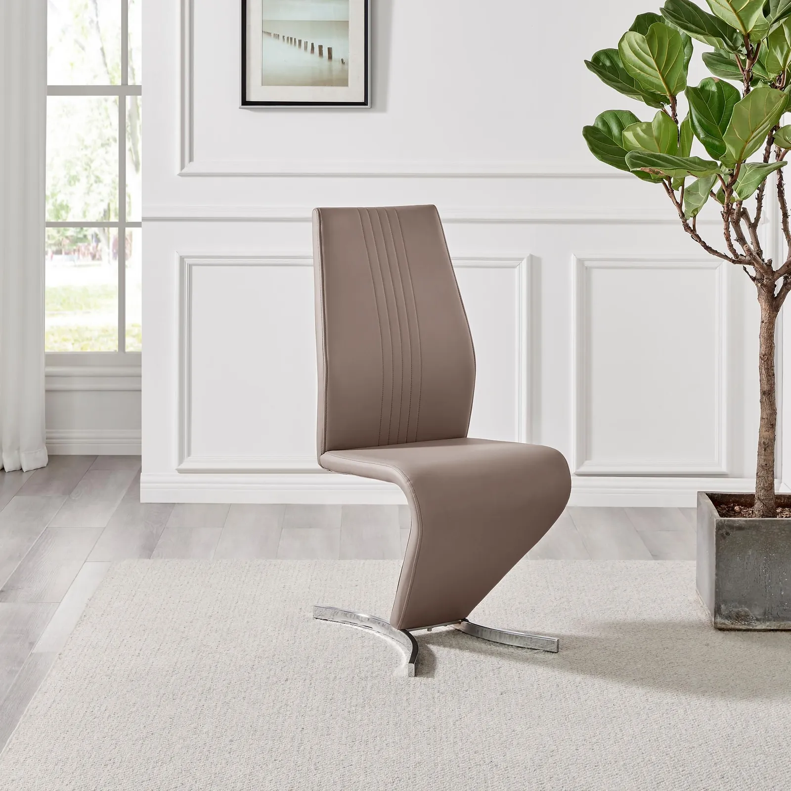 FurnitureboxUK Set of 2 Willow Contemporary Z Shaped Faux Leather Dining Chairs With Silver Chrome Metal Legs in Beige 5