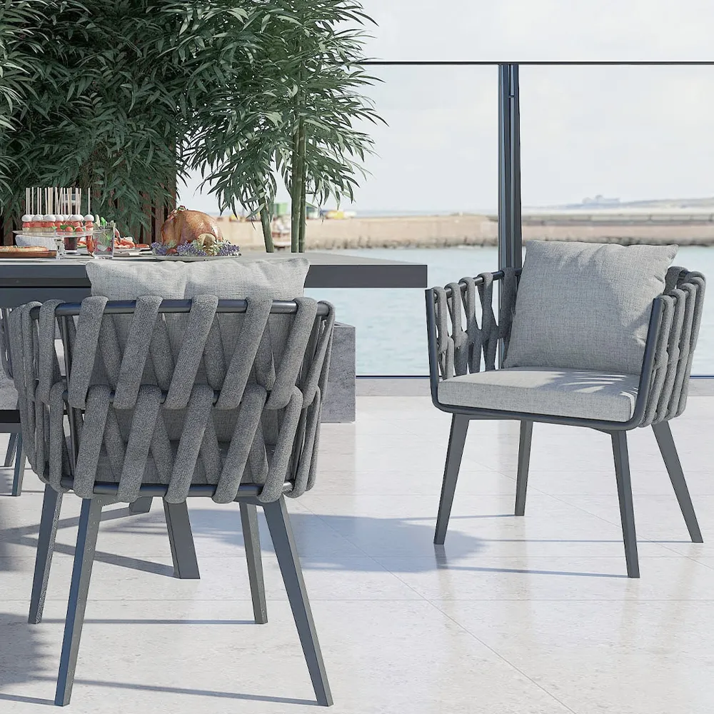 Outdoor Rope Weave & Aluminium Dining Chairs in Grey, Set of 8