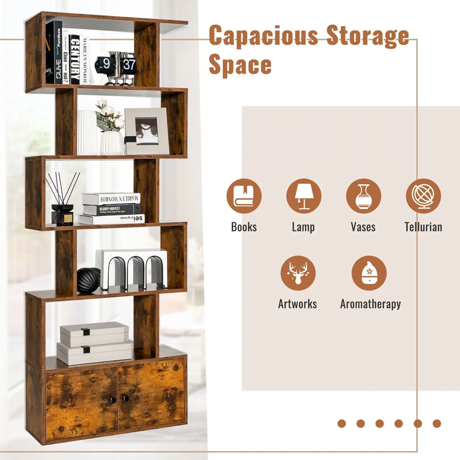 Costway 6-Tier Bookcase Free Standing S-Shaped Style Bookshelf Wooden Display Shelf in Brown 4