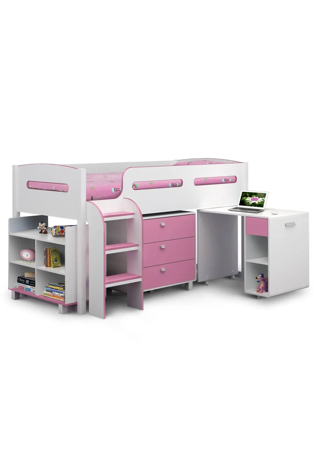 Julian Bowen Kimbo Single Pink & White Midsleeper Cabin Bed with Desk 2