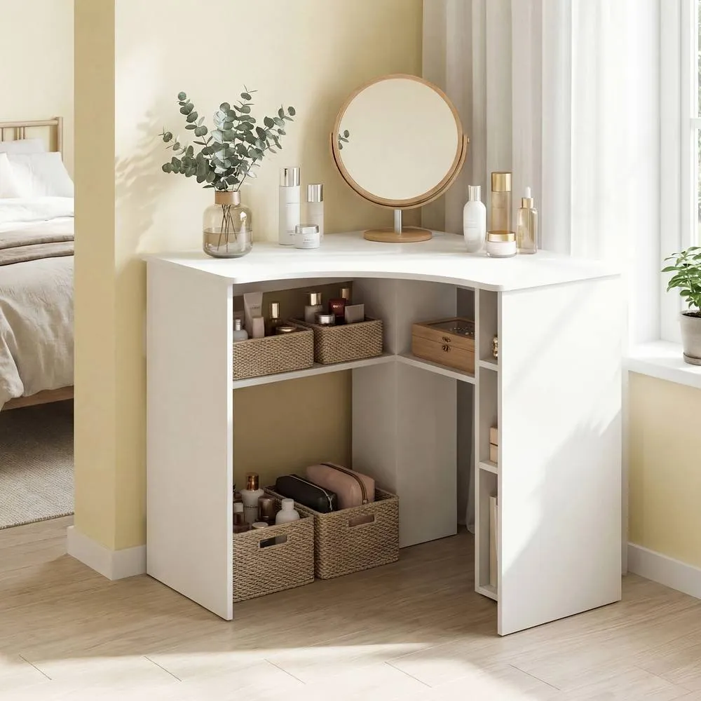 Costway Triangle Corner Computer Desk with Charging Station & Open Shelves in White 3