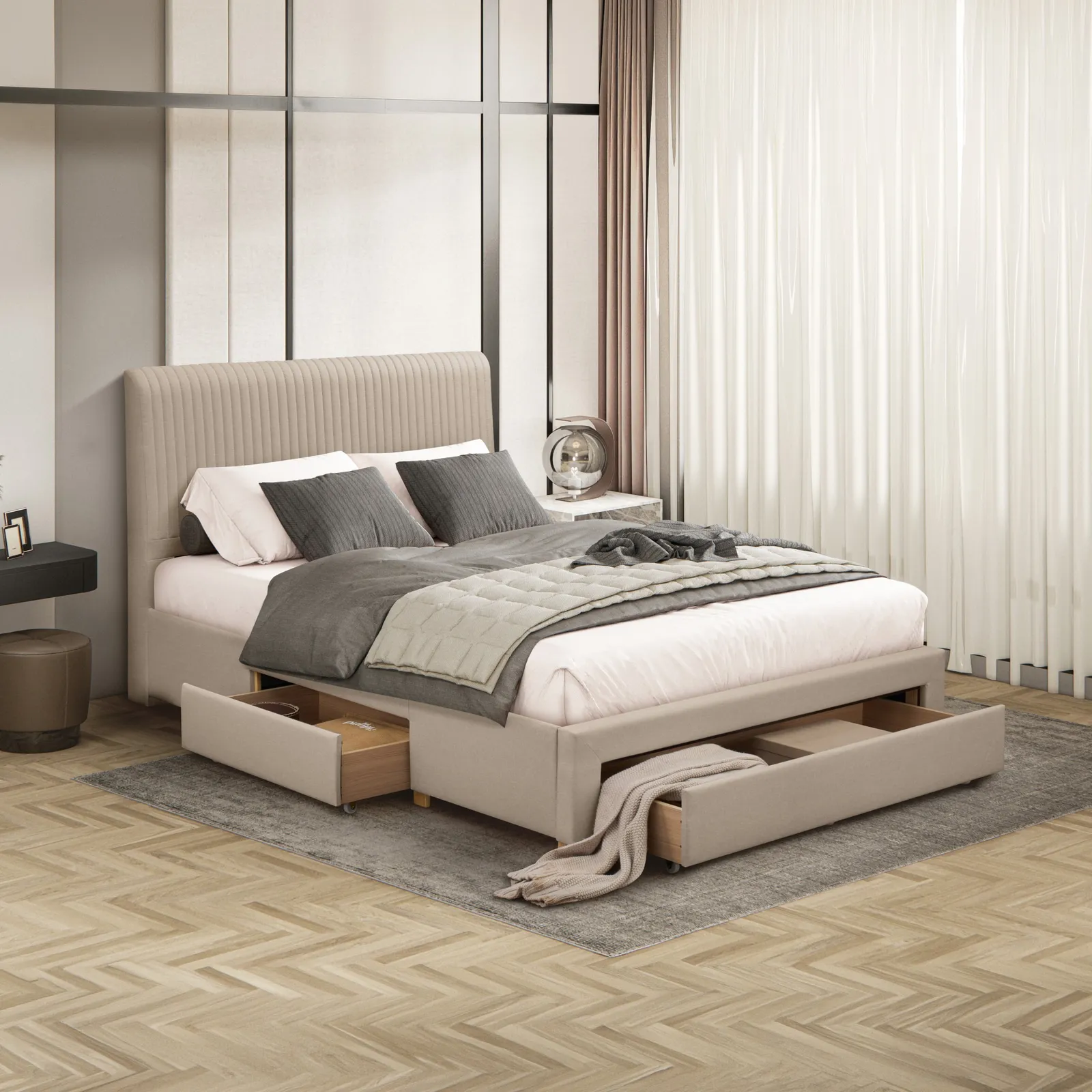 Drury - King-Size - 3 Drawer Storage Bed - Beige - Fabric - 5ft - Happy Beds