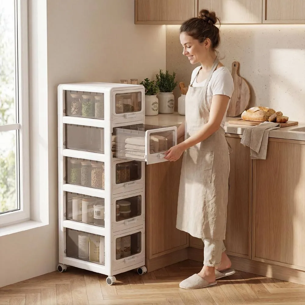 Costway 5-Tier Plastic Drawer Storage Organizer Rolling Cart Utility Cart in White 3