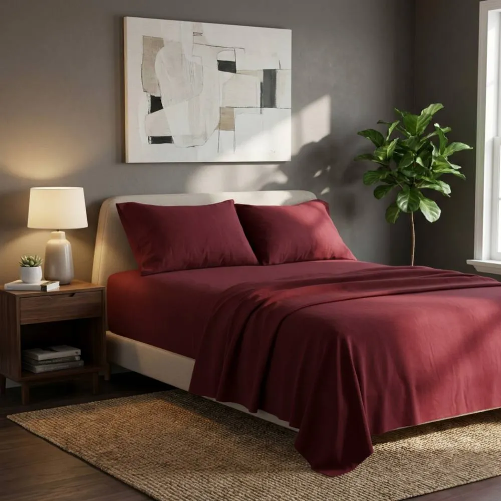 Snug City Soft Plain Brushed Cotton Fitted Flat Sheet Matching Pillowcases Set in Red