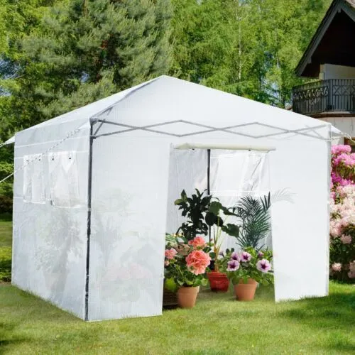 Costway Portable Garden Greenhouse Walk-in Gardening Greenhouse Roll-up Door 4 Windows in White