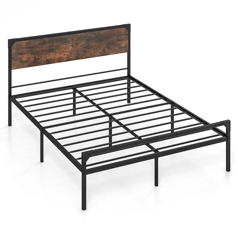 Costway Industrial Double Size Bed Frame Metal Platform Bed with 9 Legs in Brown 3