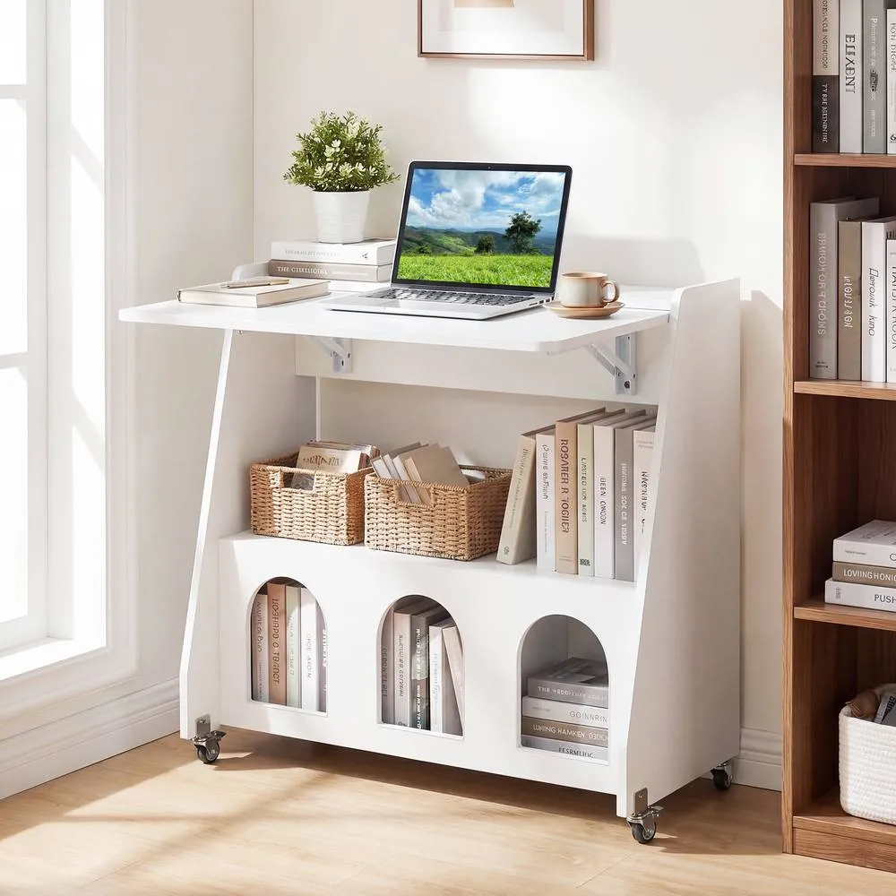 Costway Folding Desk on Wheels Drop Leaf Writing Desk w/ Storage Shelves in White 3