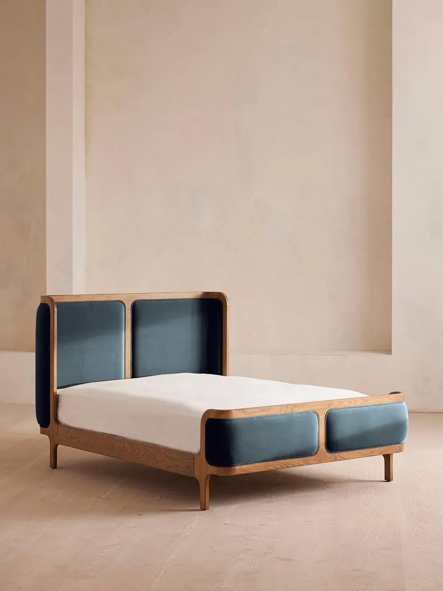 Belsa Bed, Light Oak, King, Velvet, Grey Blue