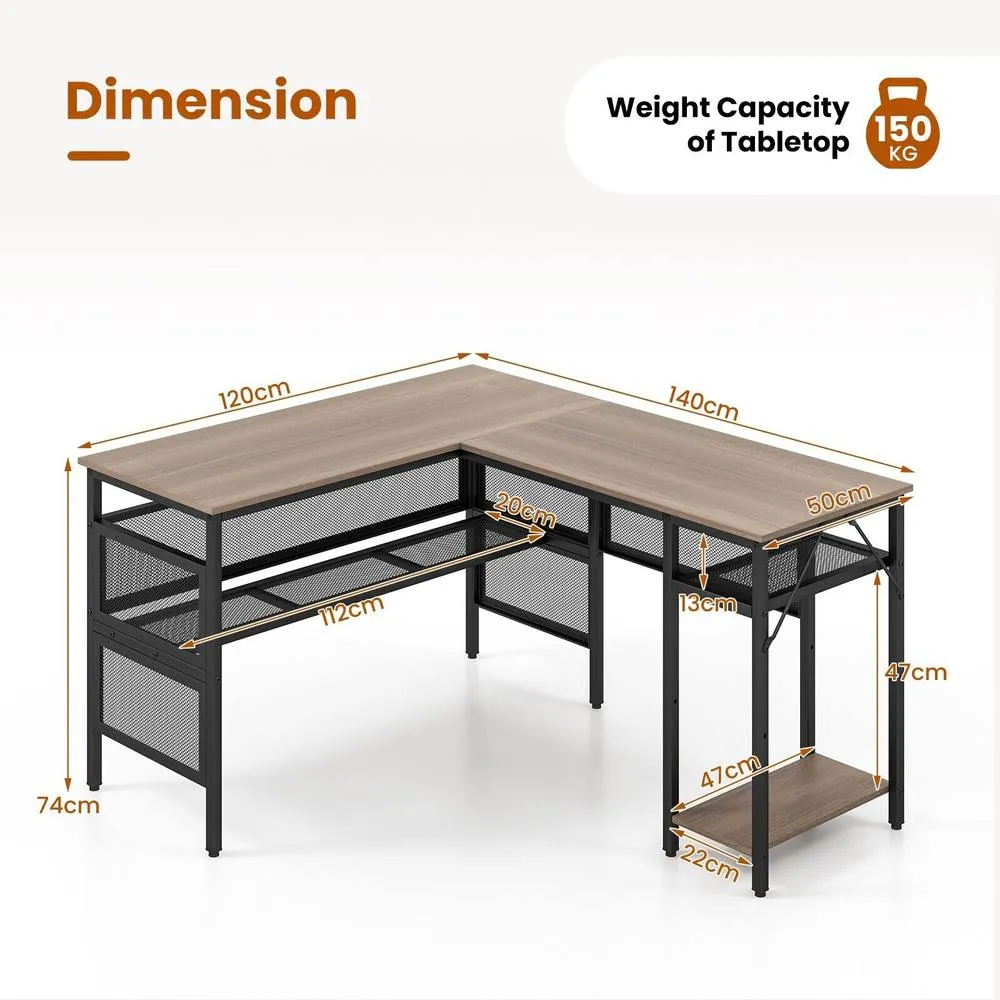 Costway L-Shaped Computer Desk Reversible Corner Workstation w/ Mesh Storage in Grey 2