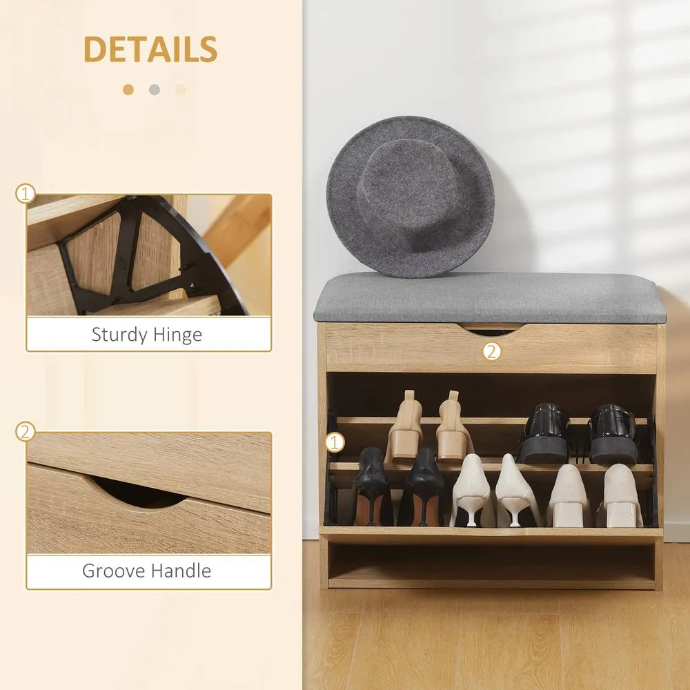 HOMCOM Upholstered Shoe Storage Bench with Flip-up Cabinet, Hidden Space in Natural 6