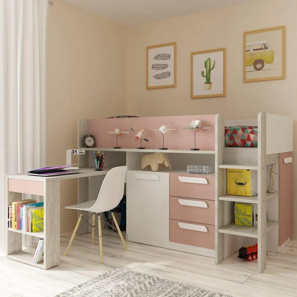 Girona Pink and Oak Wooden Mid Sleeper Frame - EU Single