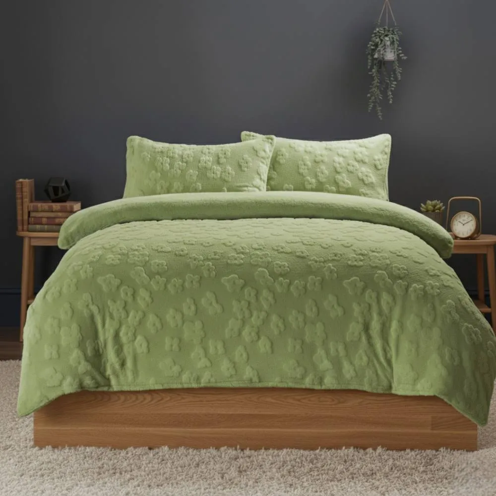 Snug City Ultra Soft Teddy Duvet Cover Set Daisy Embossed Cozy Fleece Bedding in Green