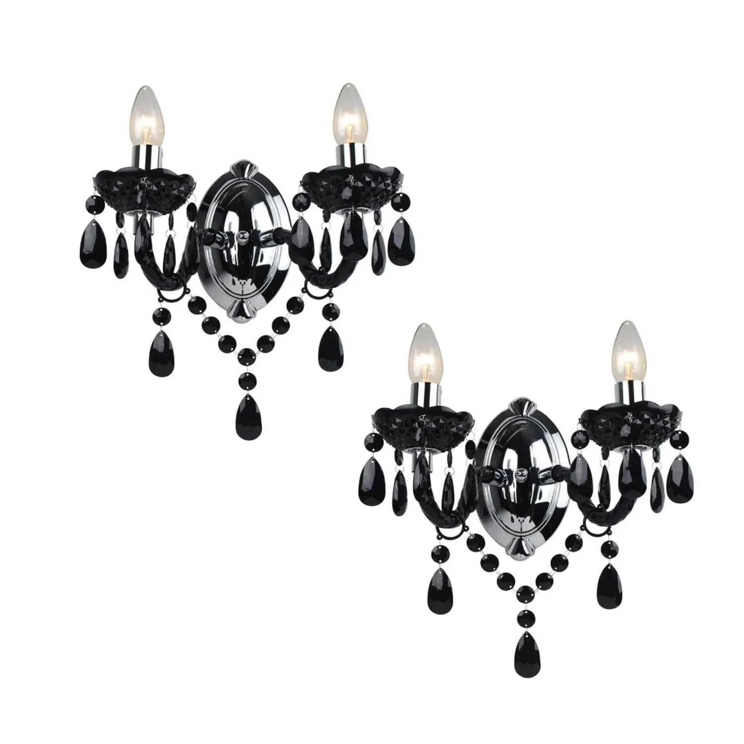 First Choice Lighting Set of 2 Black & Chrome Marie Therese Style 2 x 40W Wall Light