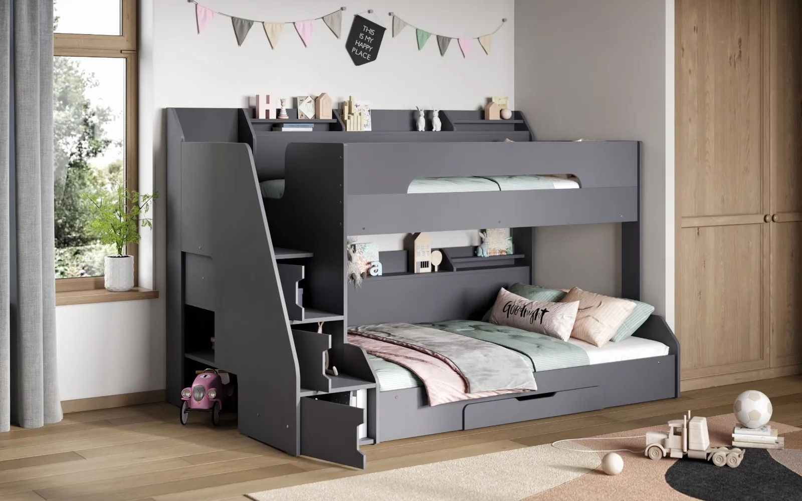 Flair Slick Staircase Triple Bunk Bed with Storage in Grey 1