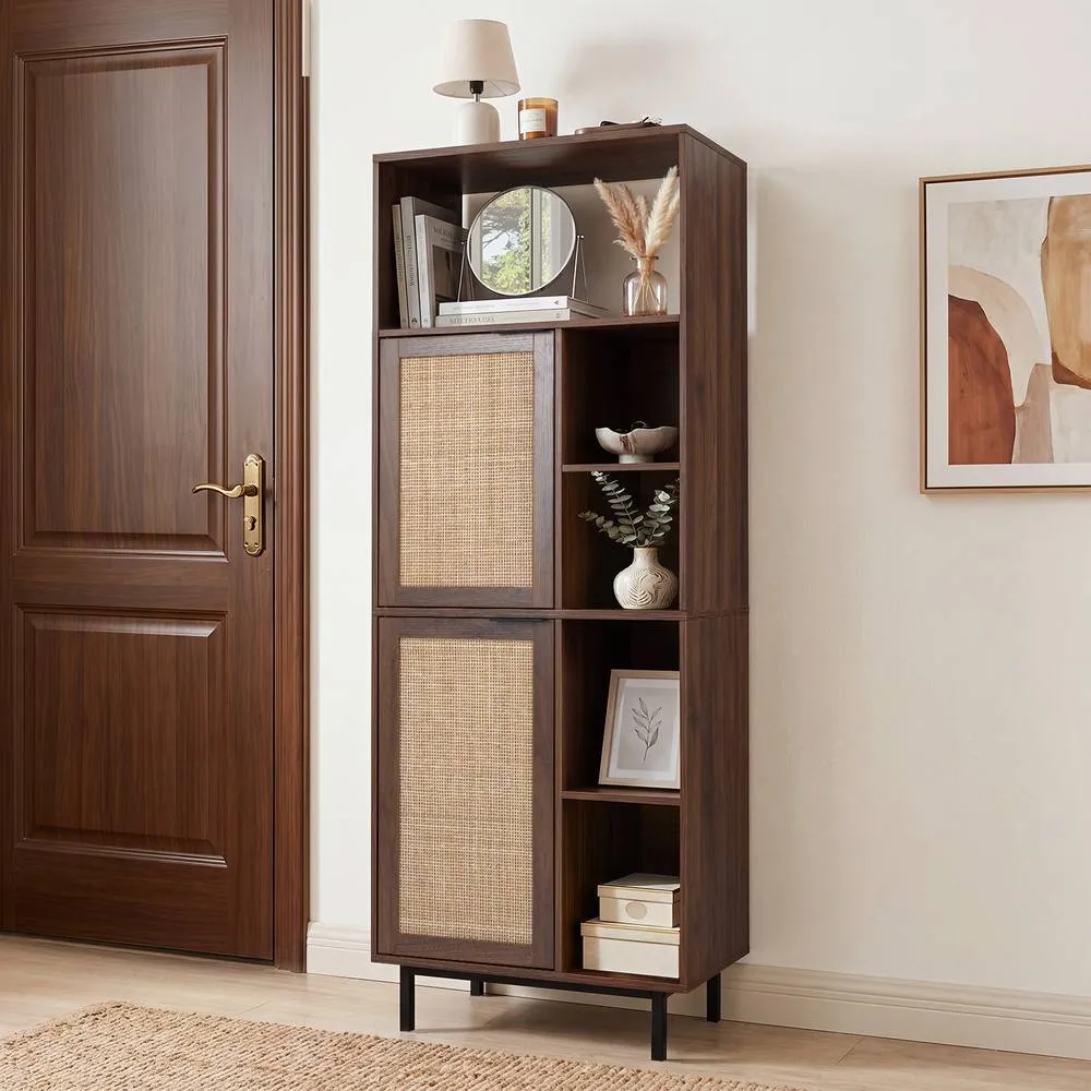Costway Wooden Floor Cabinet w/Adjustable Shelves 5 Cubes Rattan Bookcase in Brown 3