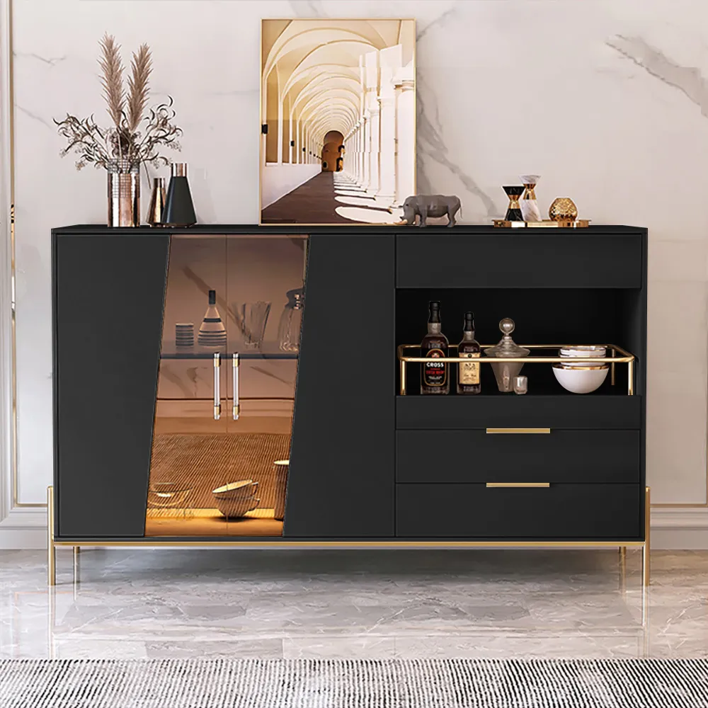 Dolawn Modern 140 cm Black Sideboard Buffet Tempered Glass Doors & Shelf Tray Wine Rack