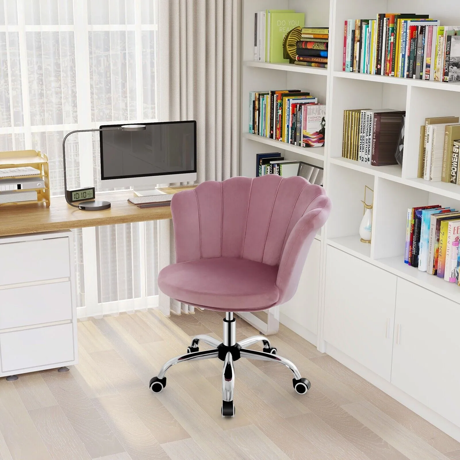 Costway Adjustable Vanity Chair Upholstered Velvet Arm Chair w/Wheels in Pink 6