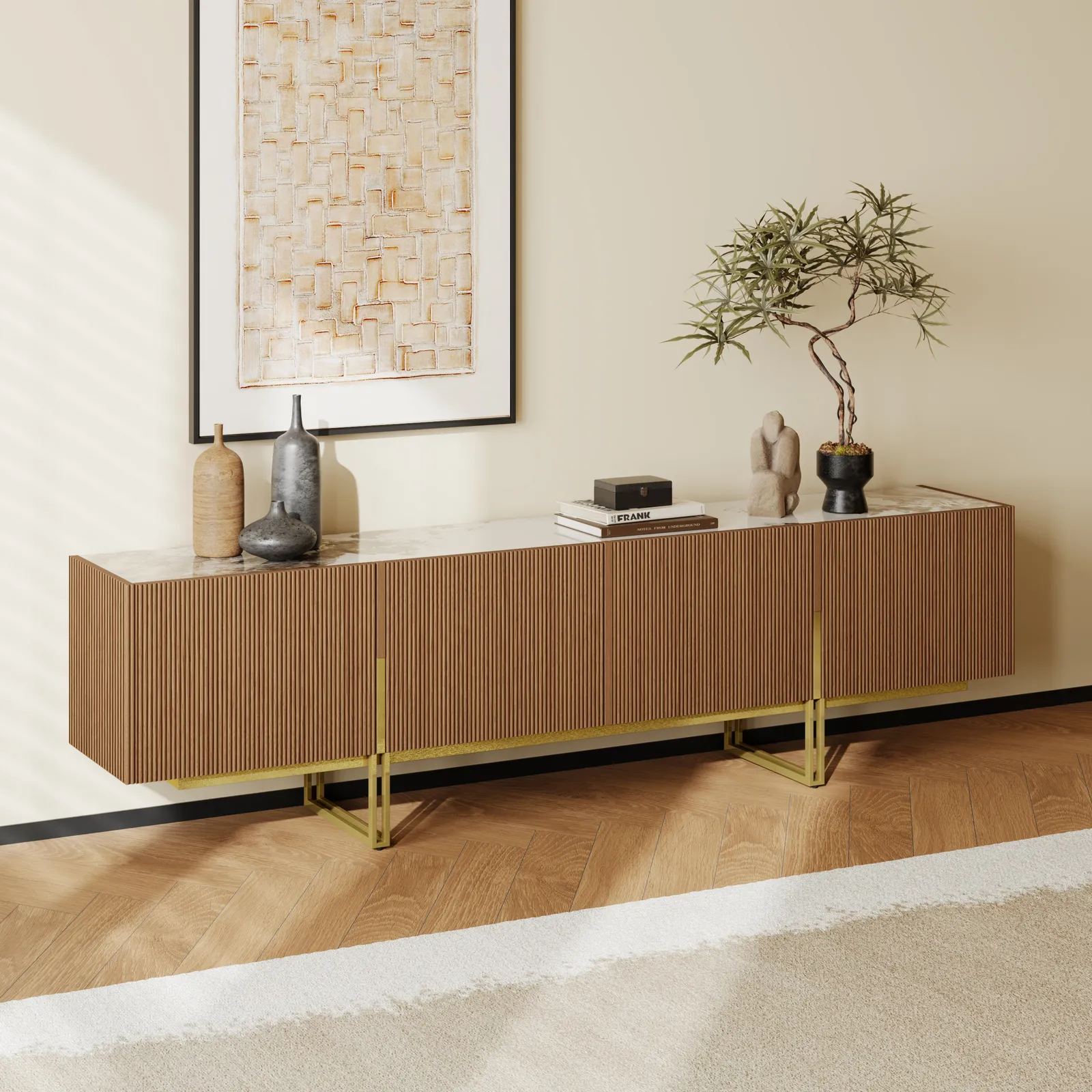 Grovyn 200 cm Sintered Stone Top Fluted TV Stand with Spacious Cabinets