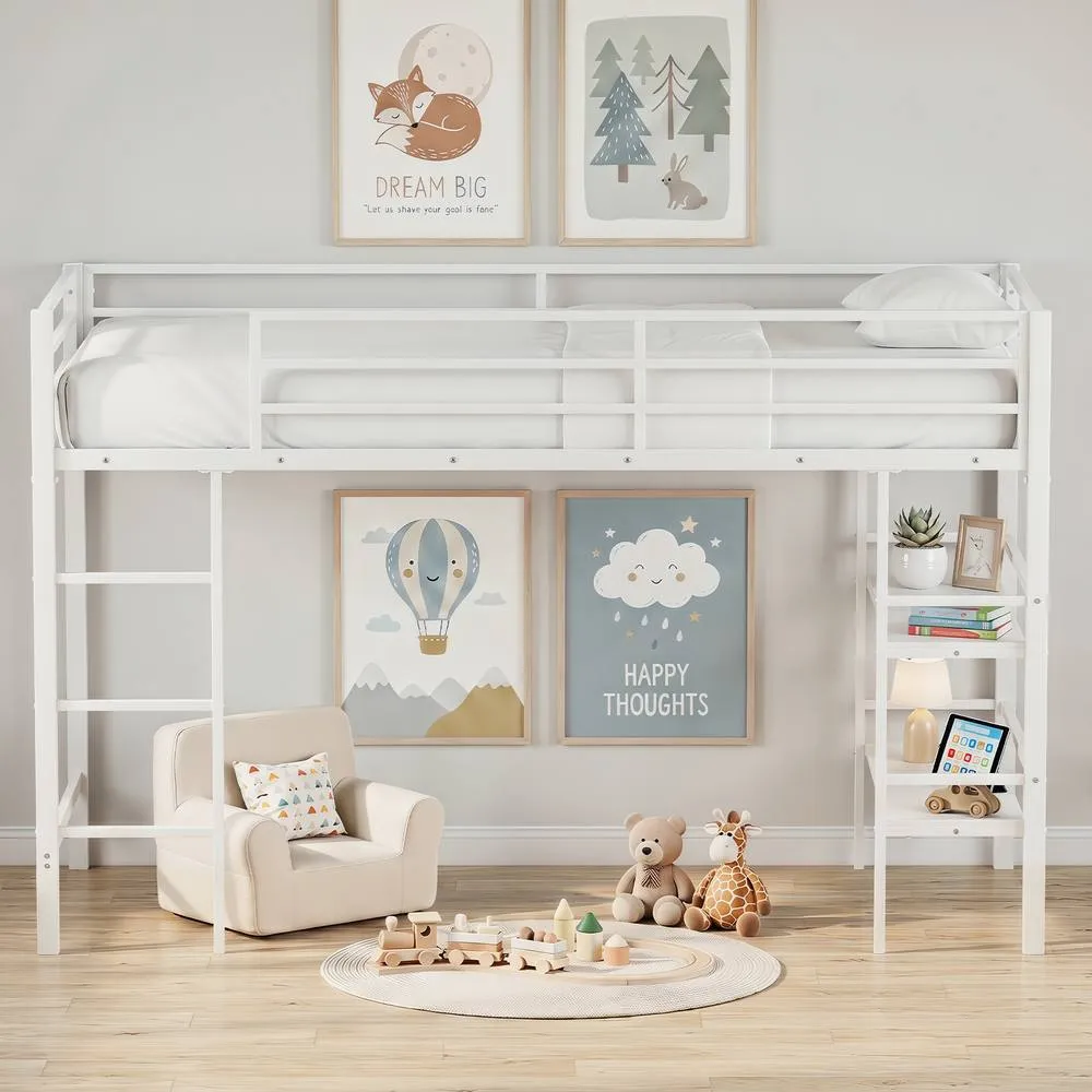 Costway Single Size Metal Loft Bed Metal Bed Frame w/Guardrails & Shelves in White 3