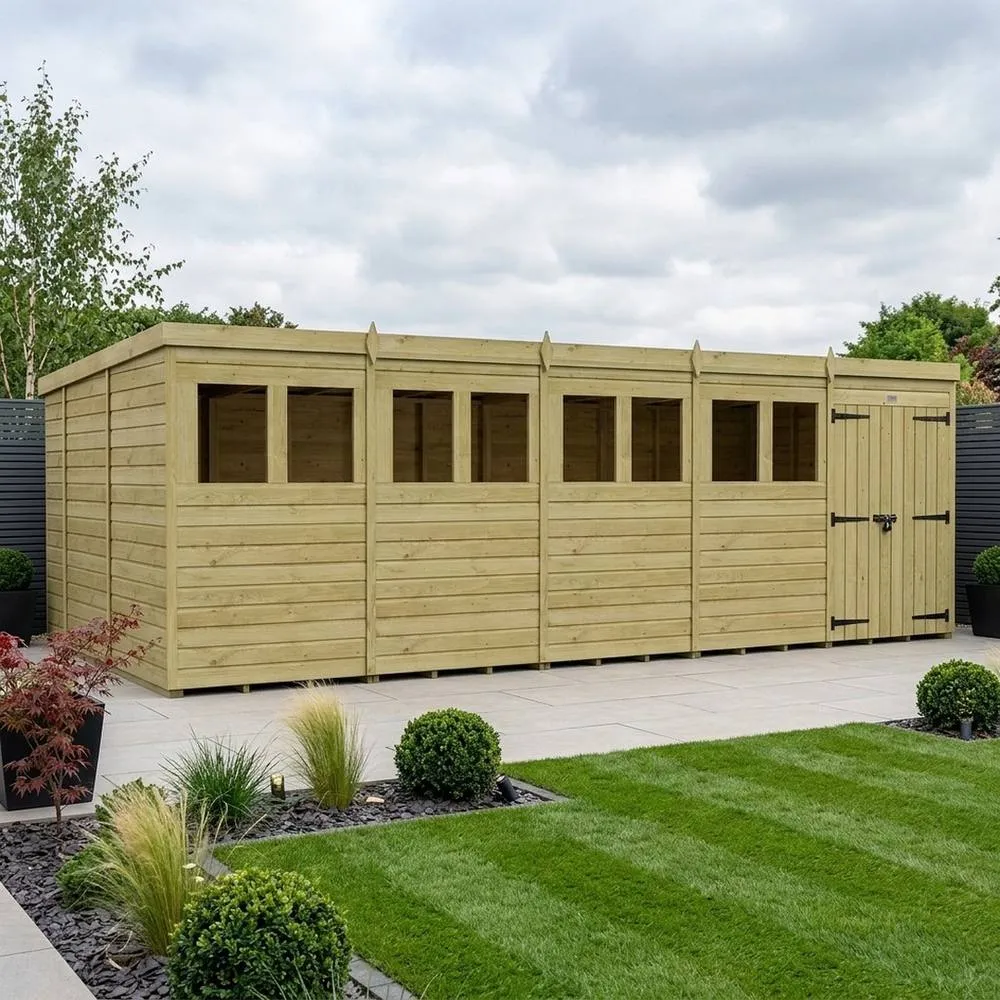 Buttercup Farm 20ft x 10ft Pent Garden Shed Double Door With Windows - Timber in Brown 2