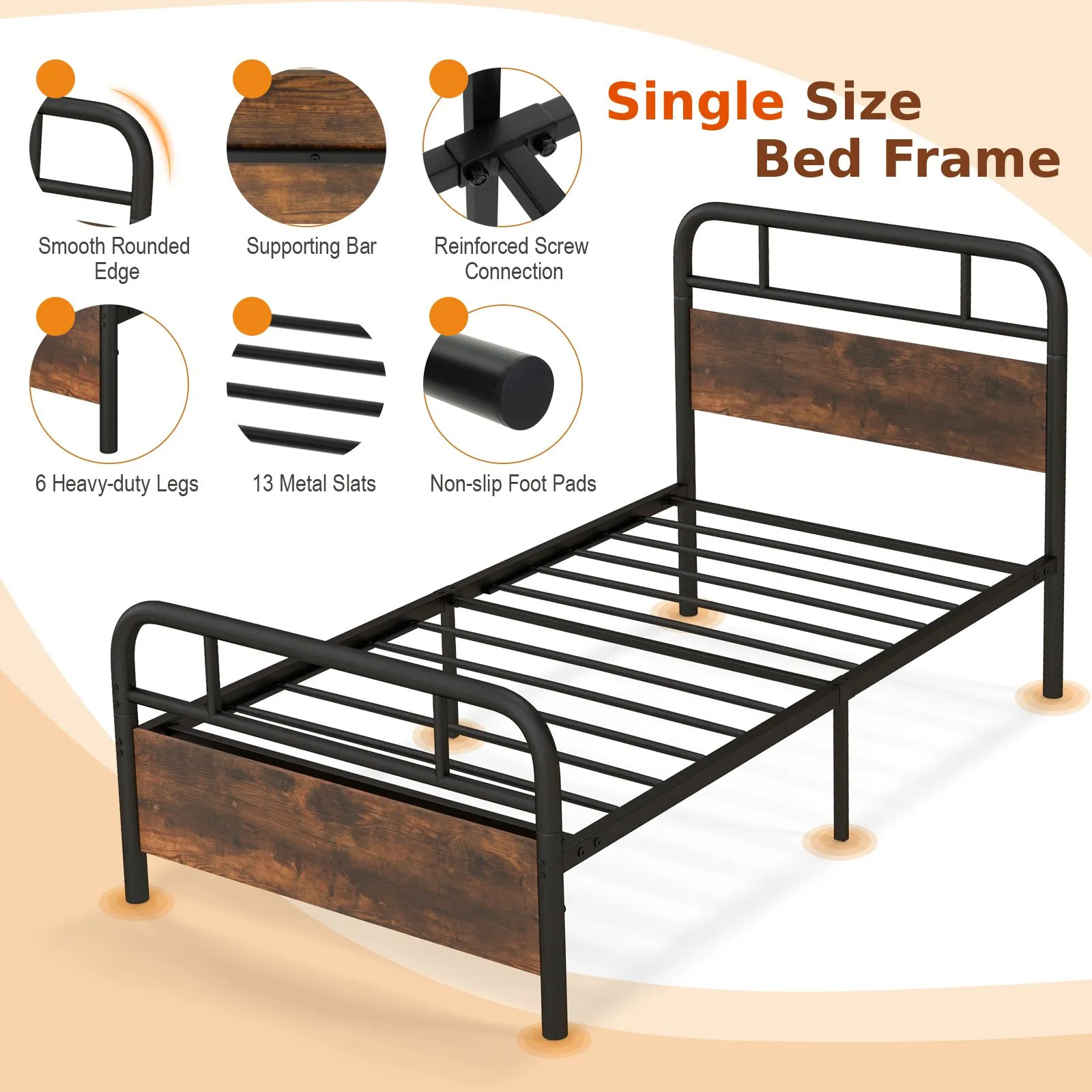 Costway Single Size Bed Frame Platform Metal Slats Support Bed W/ Industrial Headboard in Black 3