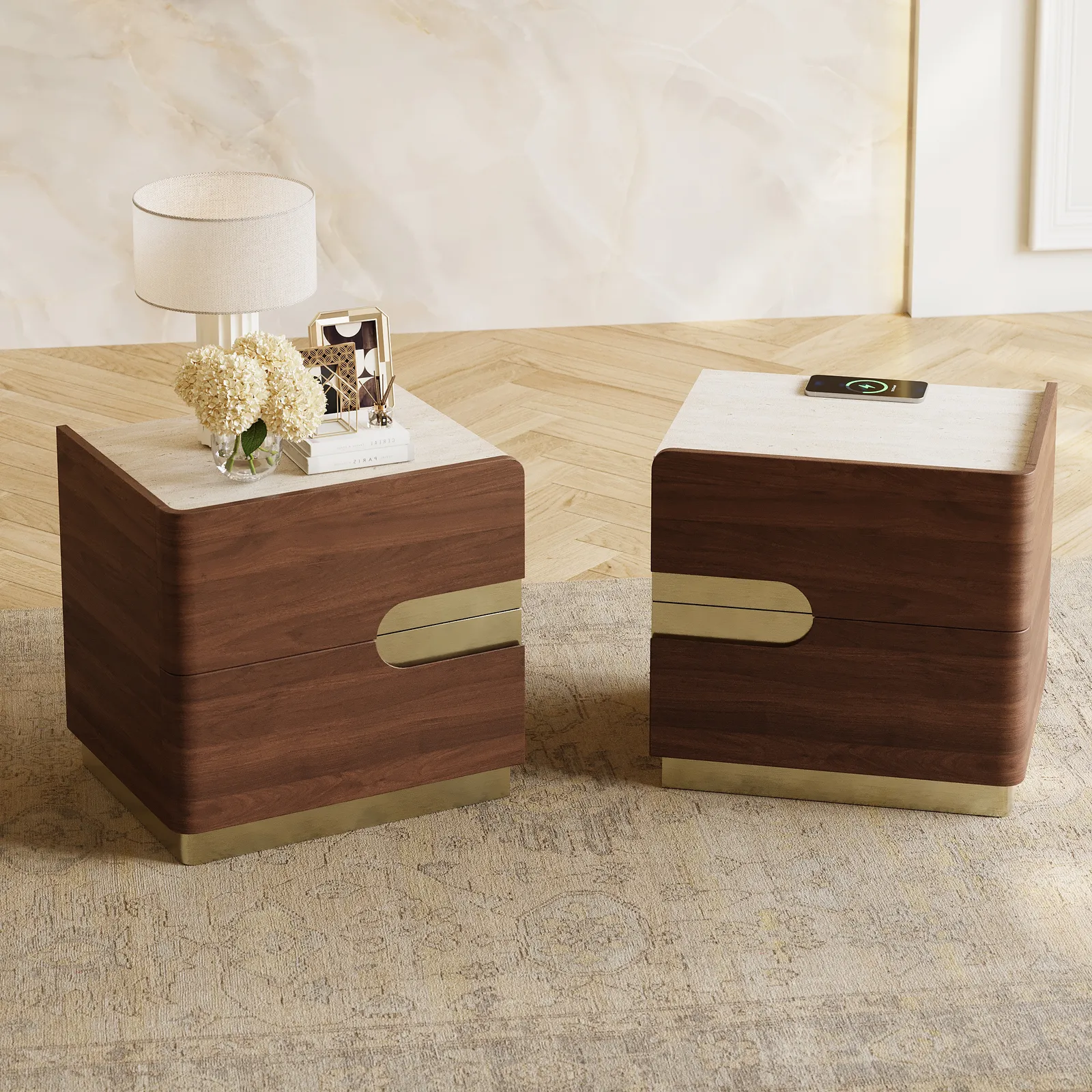 Horva 2-Drawer Walnut Nightstand with Charging Station & Sintered Stone Top,Set of 2