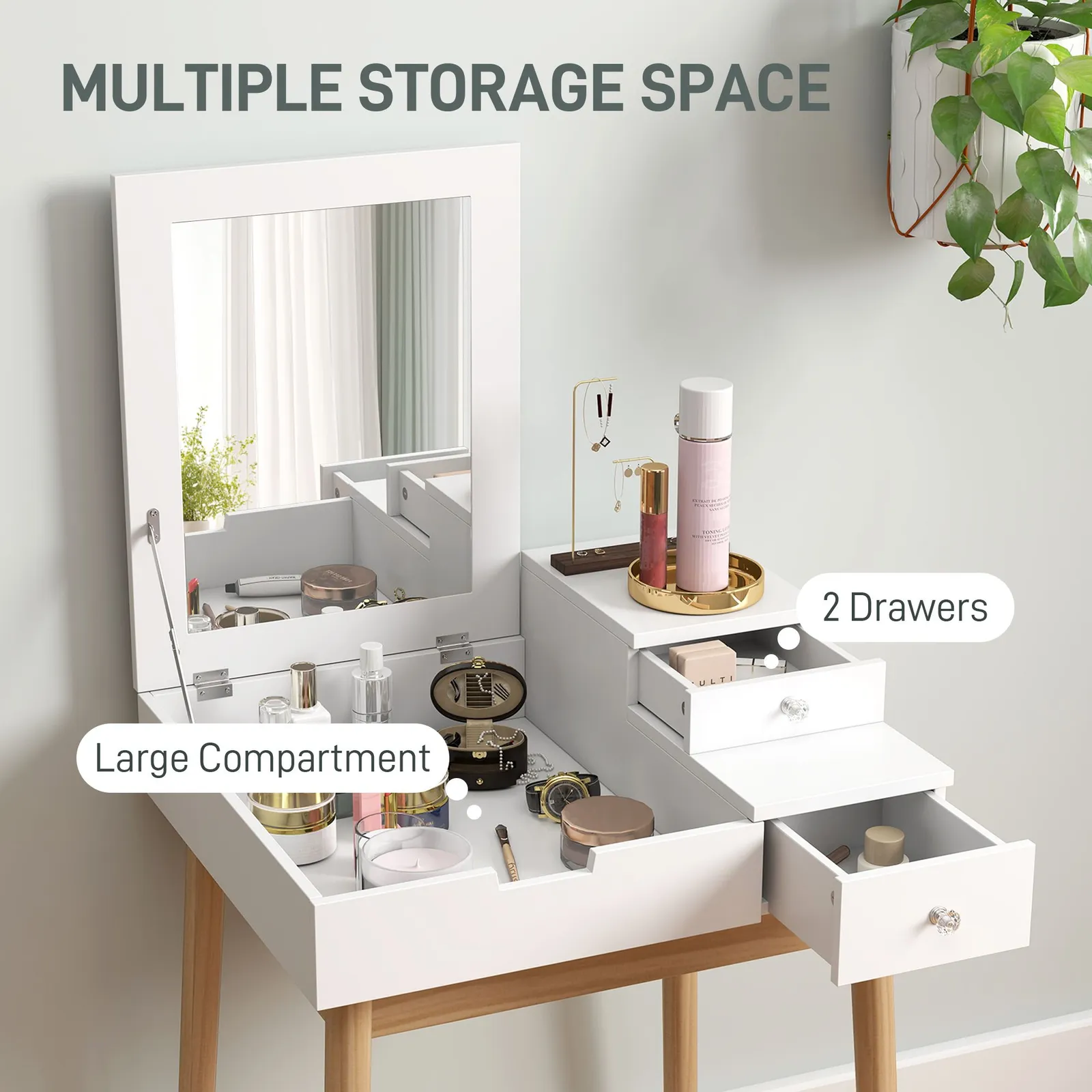 HOMCOM Dressing Table Vanity Desk Flip-up Mirror 2 Drawers in White 5