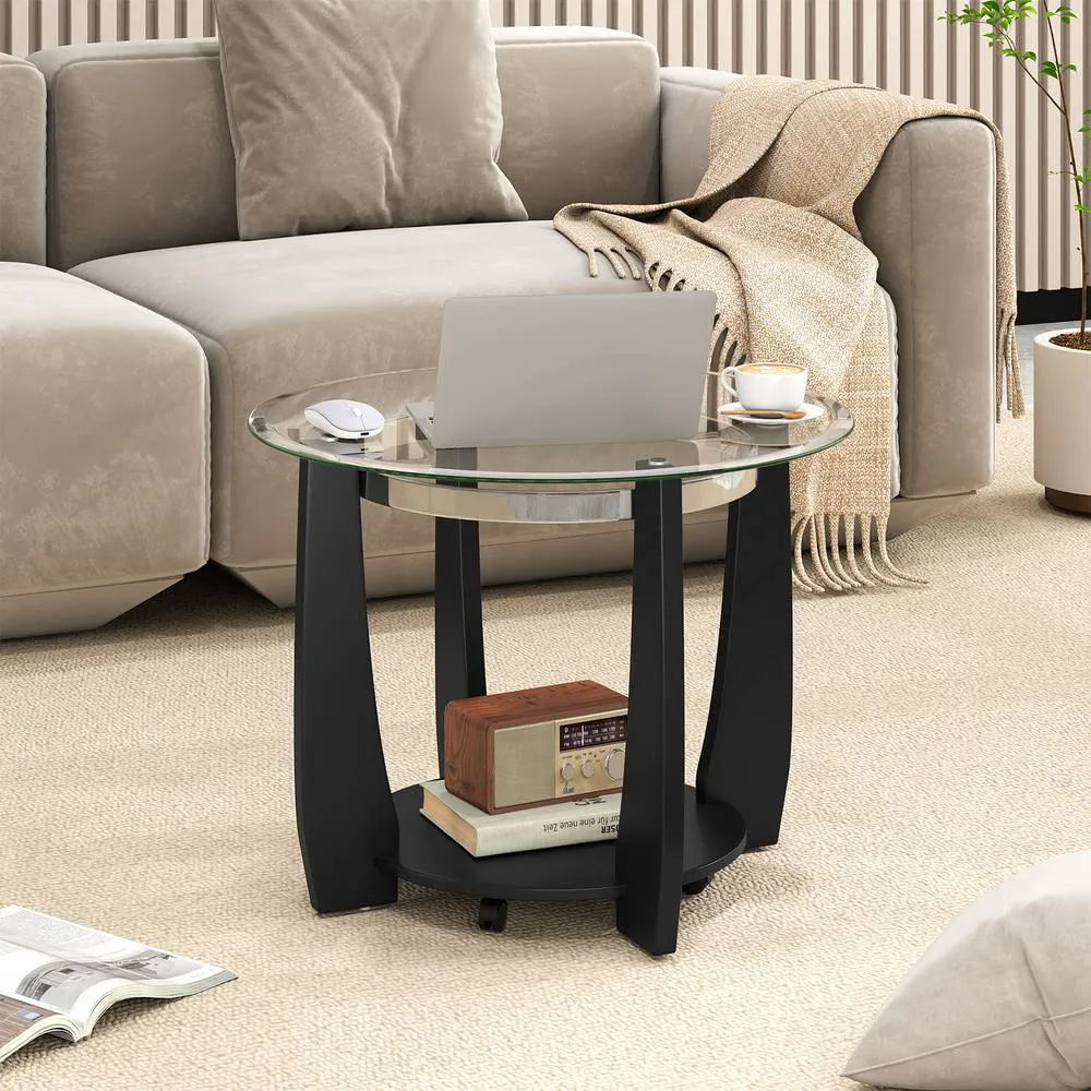 Costway Rolling Glass Round Coffee Table 2-Tier Cocktail Table w/Storage Shelf in Black 4