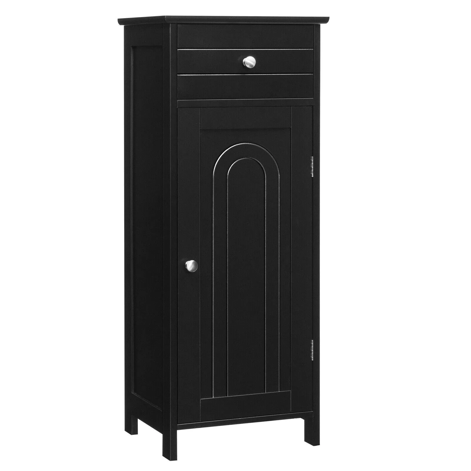 Costway Bathroom Wooden Storage Cabinet Floor Standing Cupboard w/ Single Door & Drawer in Black