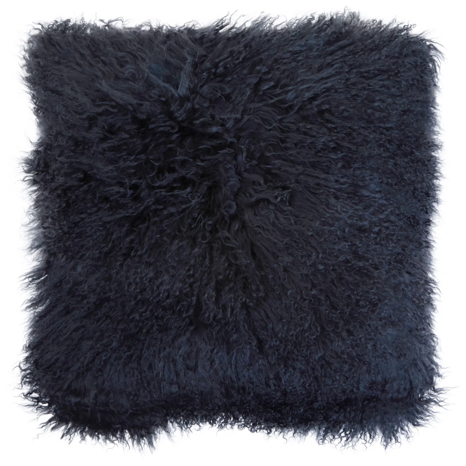 Orsina Black Mongolian Lamb Fur Square Cushion, Luxe Fluffy Textured Throw Pillow with Polyester Reverse in Navy