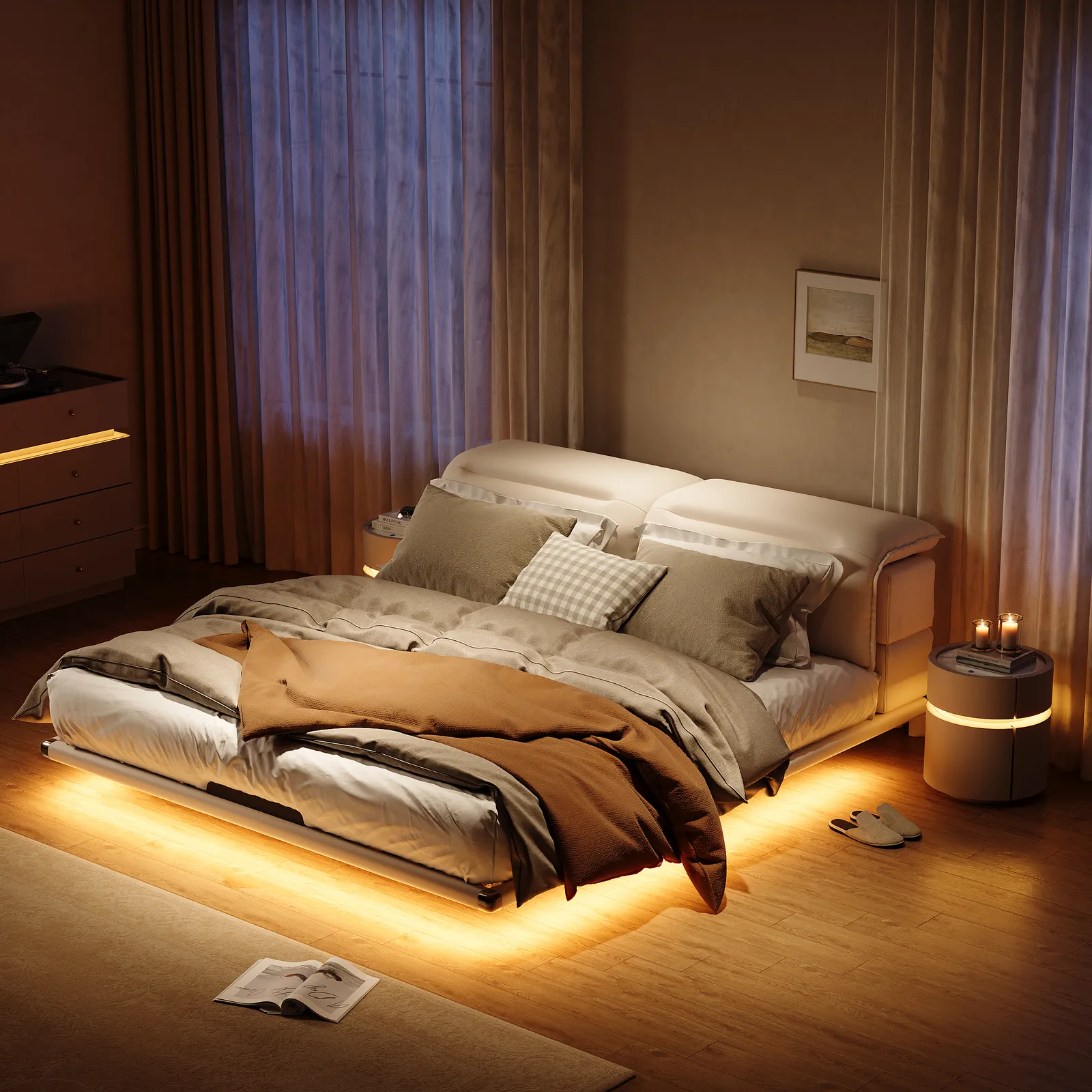 Modern Super King Size Floating Bed Frame with Light & Adjustable Headboard