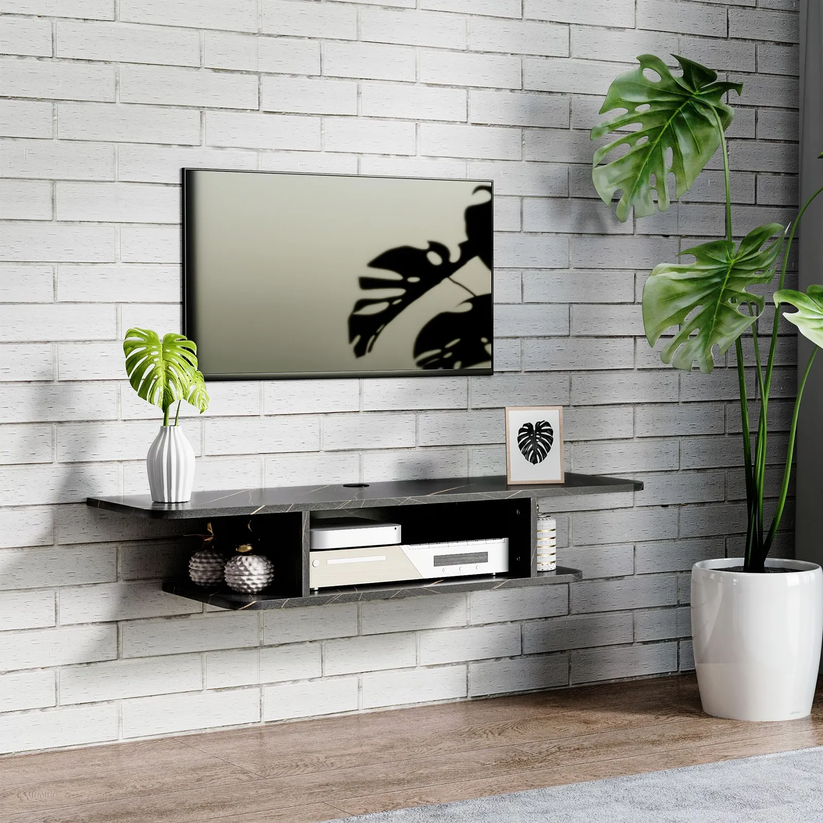 HOMCOM TV Unit Stand Wall Mount Media Console with Storage Shelf in Black